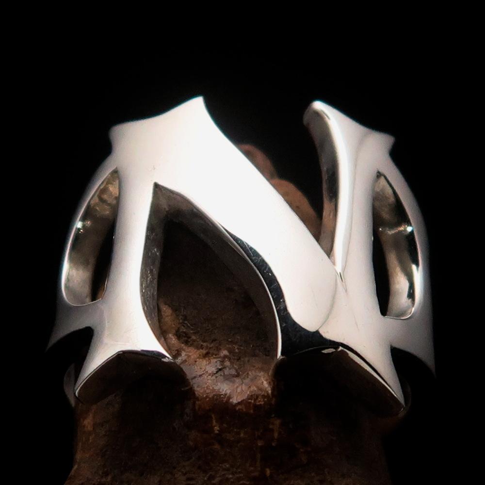 Mirror polished Men's Sterling Silver Initial Ring one bold Letter N - BikeRing4u