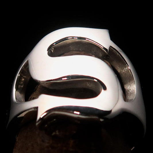 Mirror polished Men's Sterling Silver Initial Ring one bold Letter S - BikeRing4u