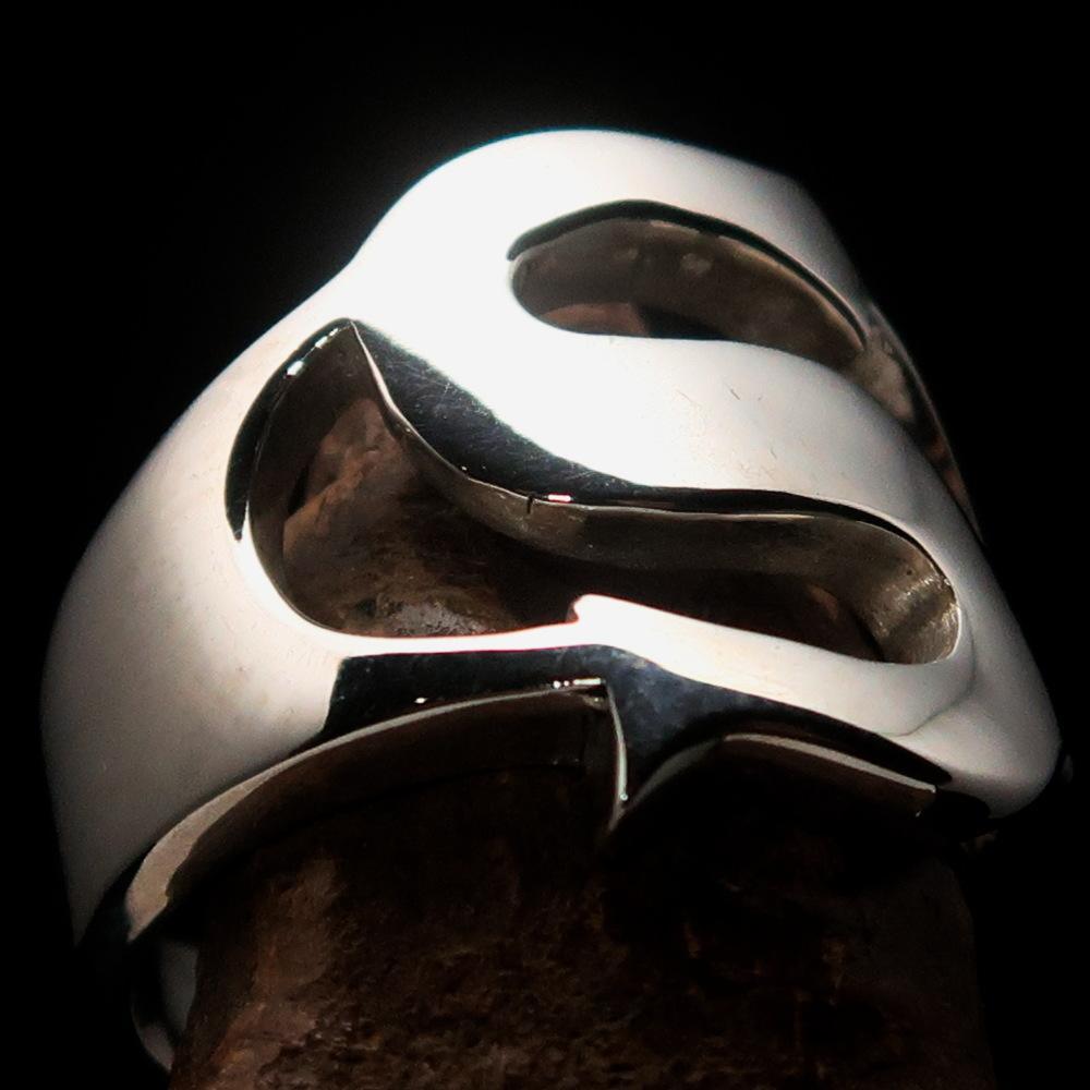 Mirror polished Men's Sterling Silver Initial Ring one bold Letter S - BikeRing4u