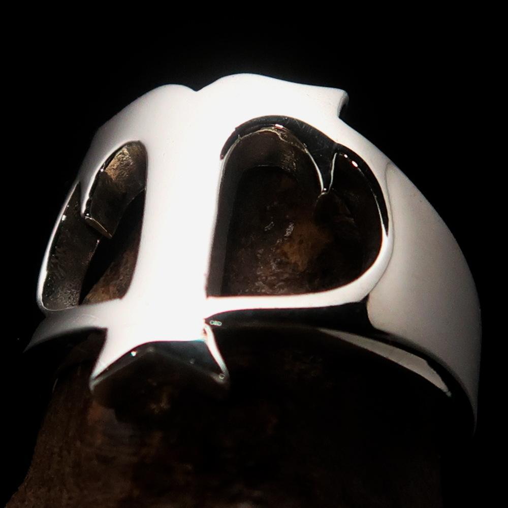 Mirror polished Men's Sterling Silver Initial Ring one bold Letter T - BikeRing4u