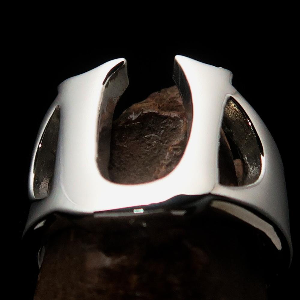 Mirror polished Men's Sterling Silver Initial Ring one bold Letter U - BikeRing4u