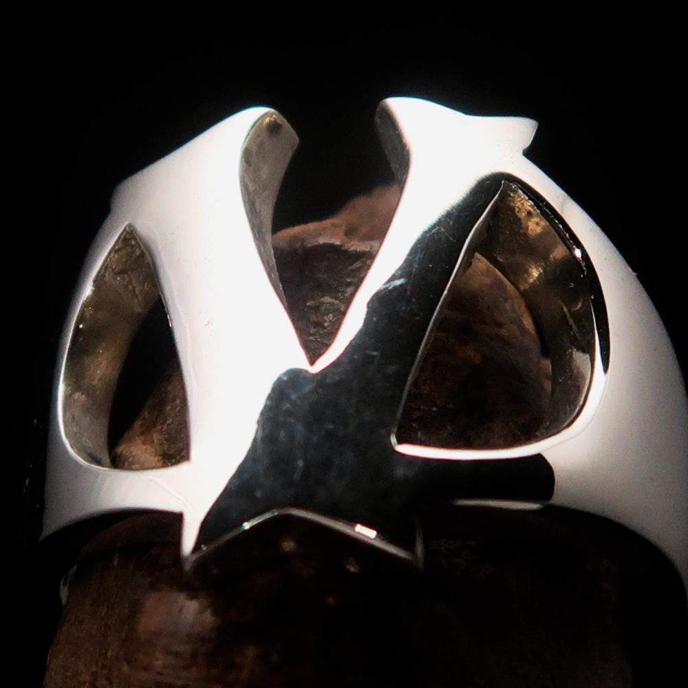 Mirror polished Men's Sterling Silver Initial Ring one bold Letter V - BikeRing4u