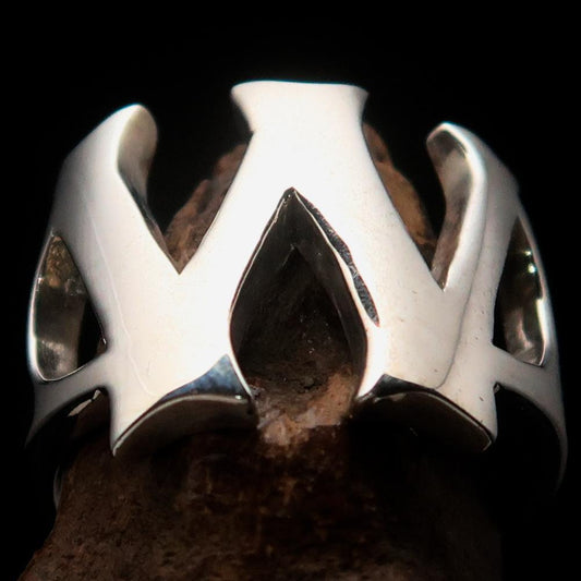 Mirror polished Men's Sterling Silver Initial Ring one bold Letter W - BikeRing4u