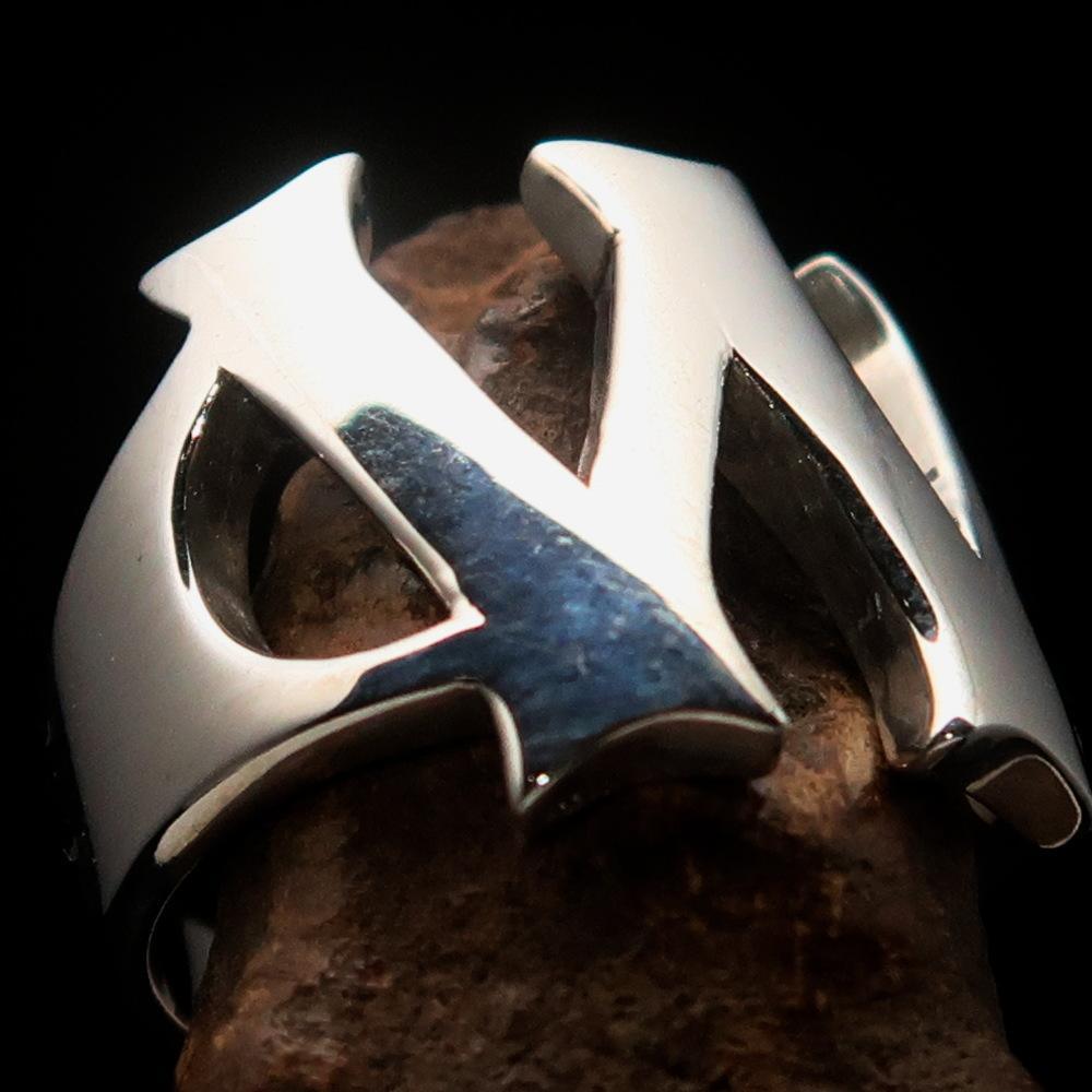 Mirror polished Men's Sterling Silver Initial Ring one bold Letter W - BikeRing4u
