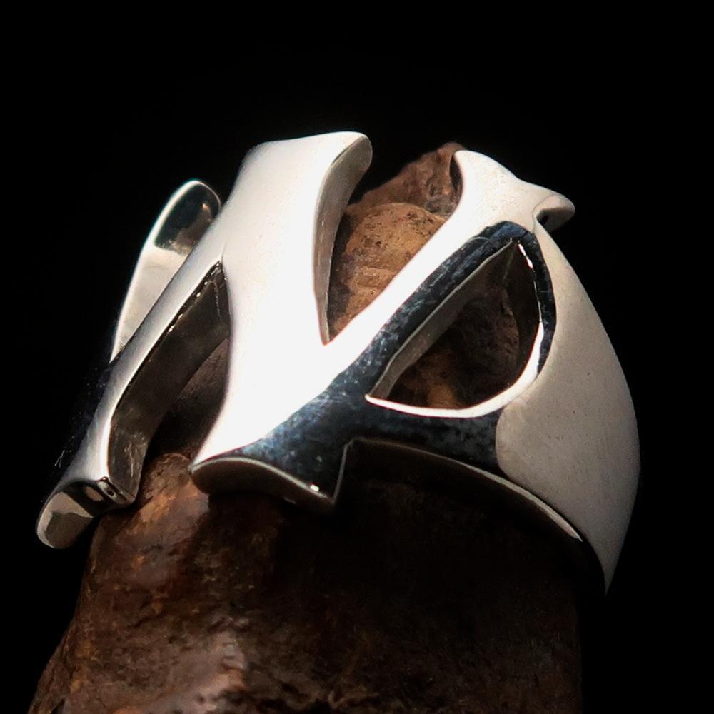 Mirror polished Men's Sterling Silver Initial Ring one bold Letter W - BikeRing4u