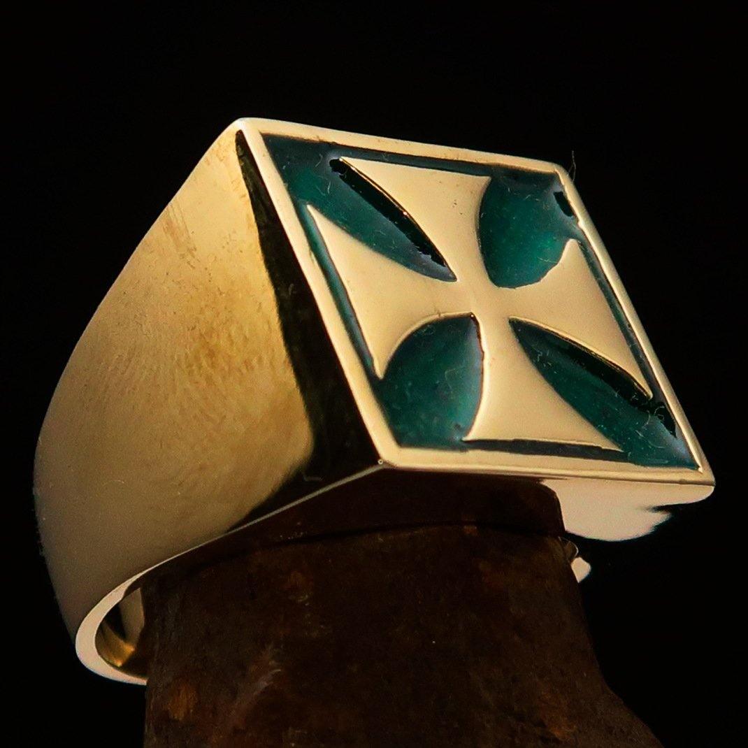 Perfectly crafted Men's Biker Ring Iron Cross Green - Solid Brass - BikeRing4u