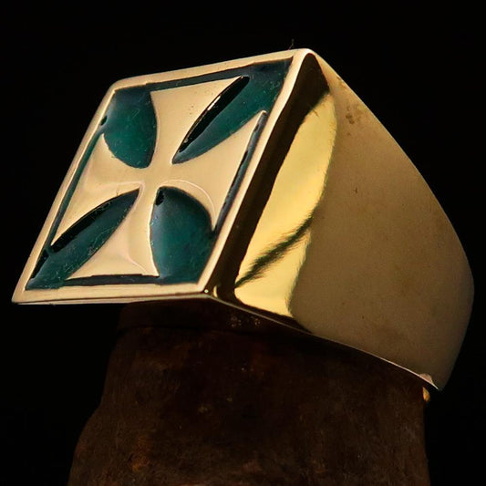 Perfectly crafted Men's Biker Ring Iron Cross Green - Solid Brass - BikeRing4u