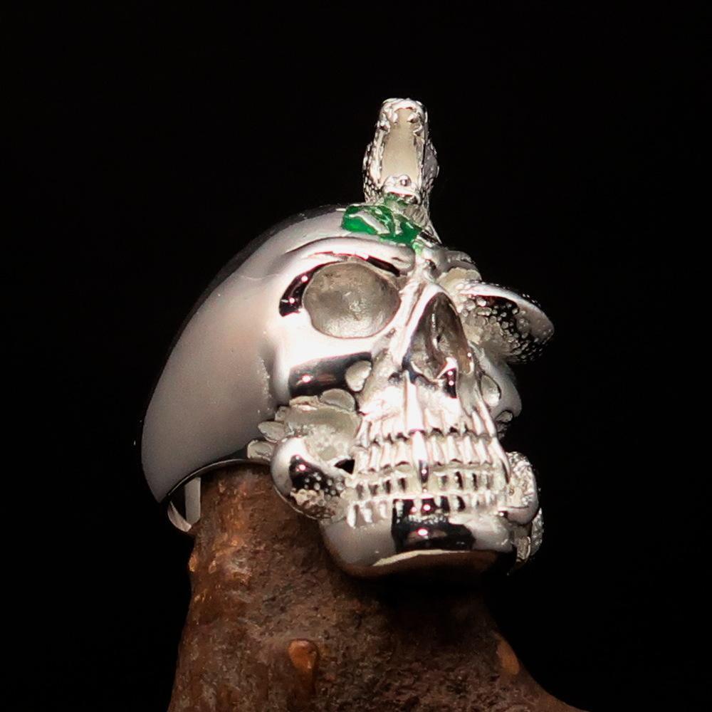 Excellent crafted Men's green 1% Snake Skull Outlaw Ring - Sterling Silver - BikeRing4u
