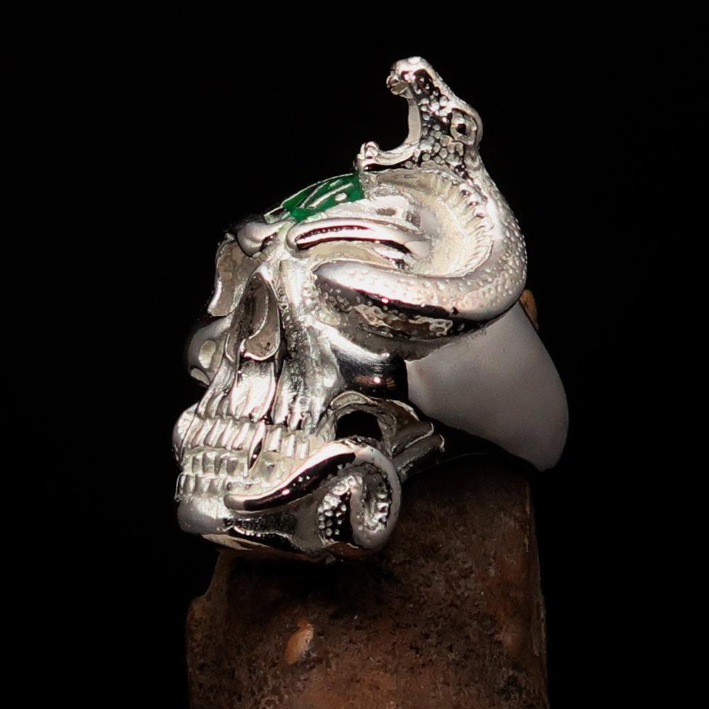 Excellent crafted Men's green 1% Snake Skull Outlaw Ring - Sterling Silver - BikeRing4u