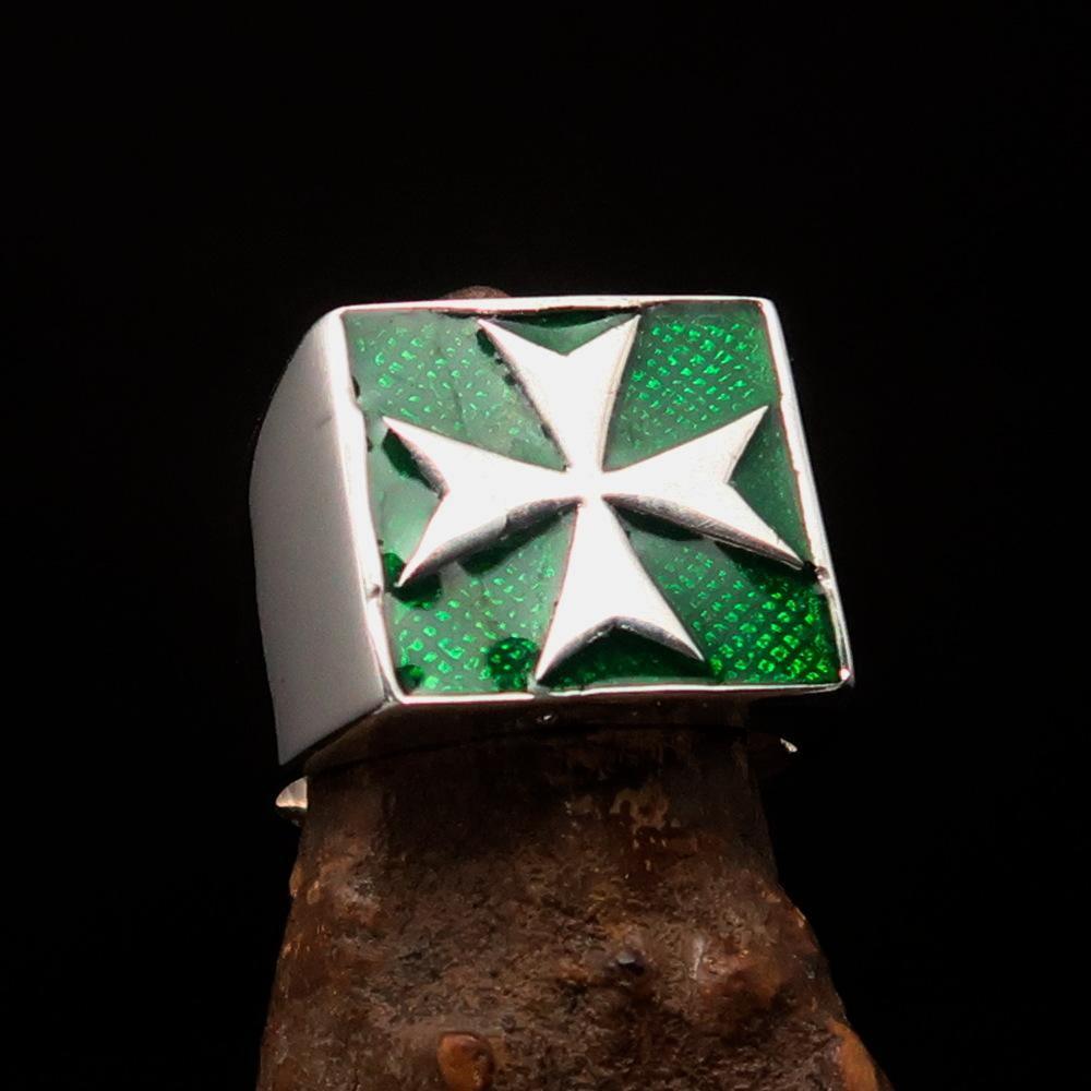 Perfectly crafted Men's Biker Ring Maltese Cross Green - Sterling Silver - BikeRing4u