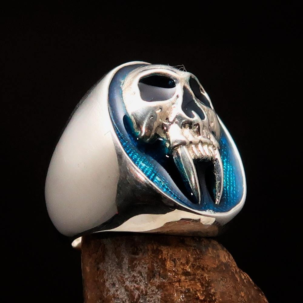 Excellent crafted oval Men's Blue Vampire Skull Ring - Sterling Silver - BikeRing4u