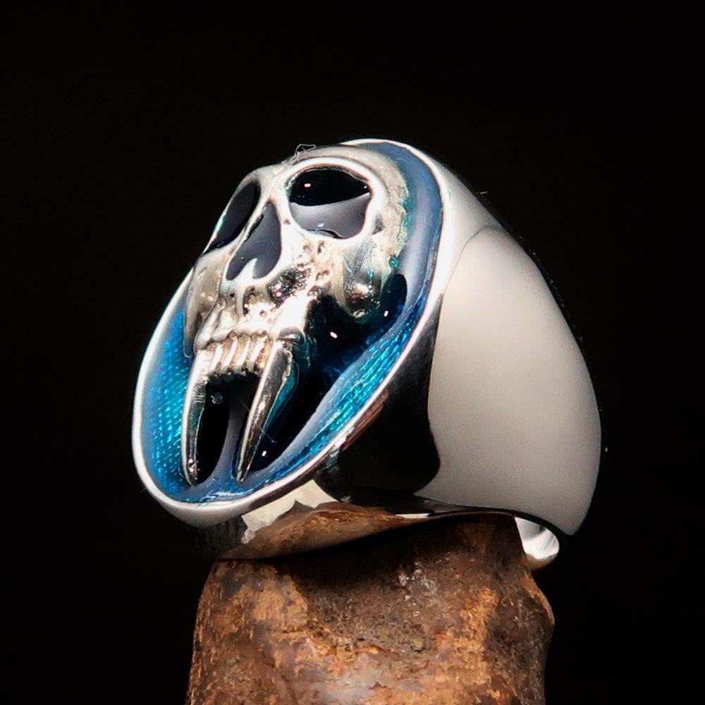 Excellent crafted oval Men's Blue Vampire Skull Ring - Sterling Silver - BikeRing4u