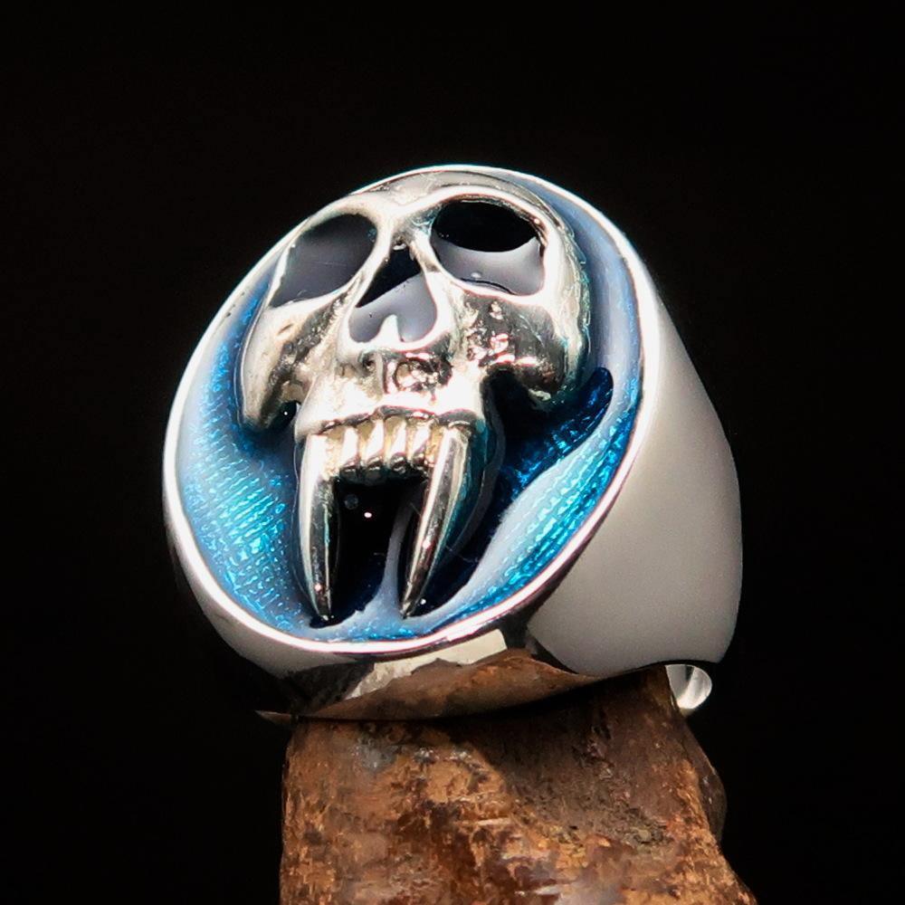 Excellent crafted oval Men's Blue Vampire Skull Ring - Sterling Silver - BikeRing4u