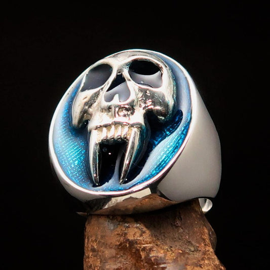 Excellent crafted oval Men's Blue Vampire Skull Ring - Sterling Silver - BikeRing4u