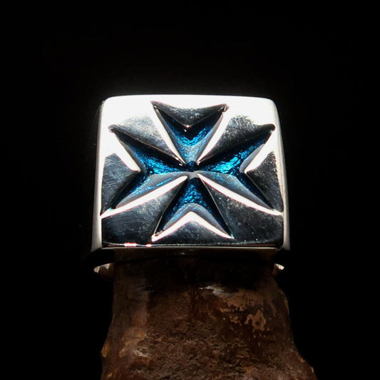 Nicely crafted Men's Knight Ring blue Maltese Cross - Sterling Silver - BikeRing4u