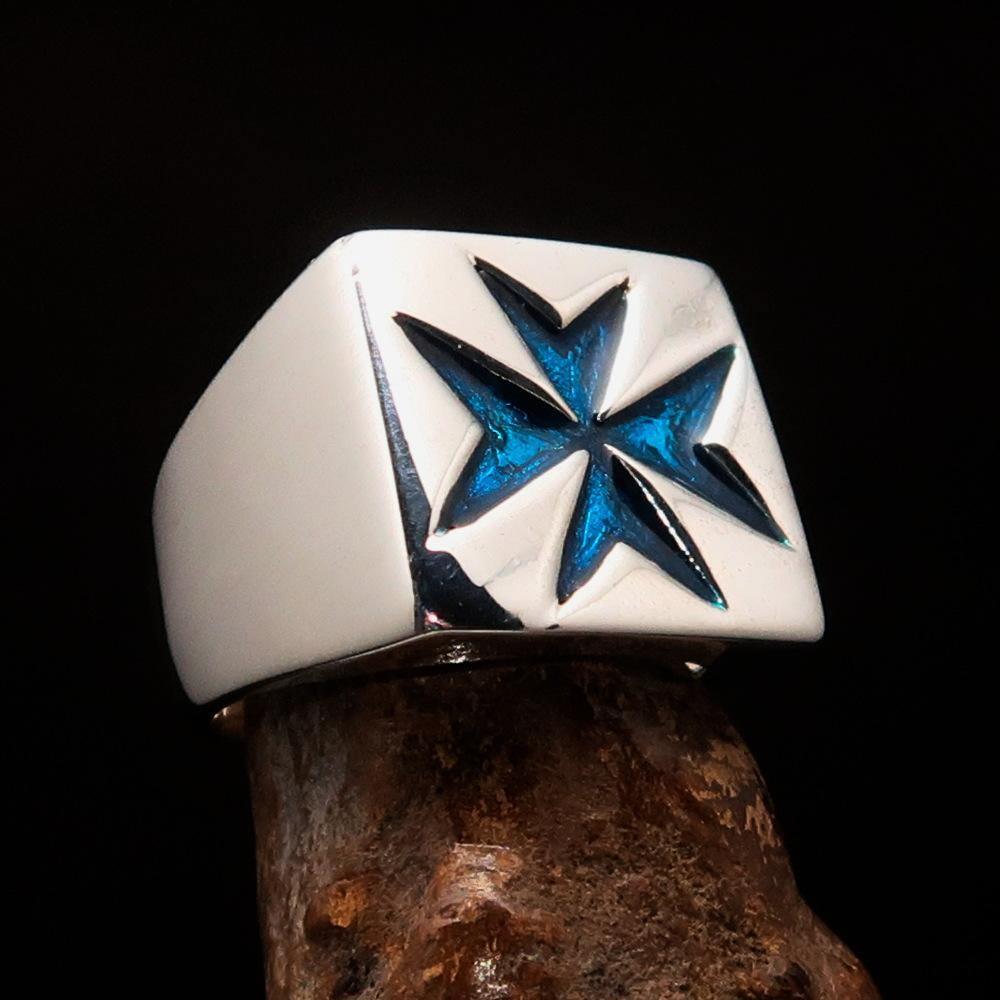 Nicely crafted Men's Knight Ring blue Maltese Cross - Sterling Silver - BikeRing4u
