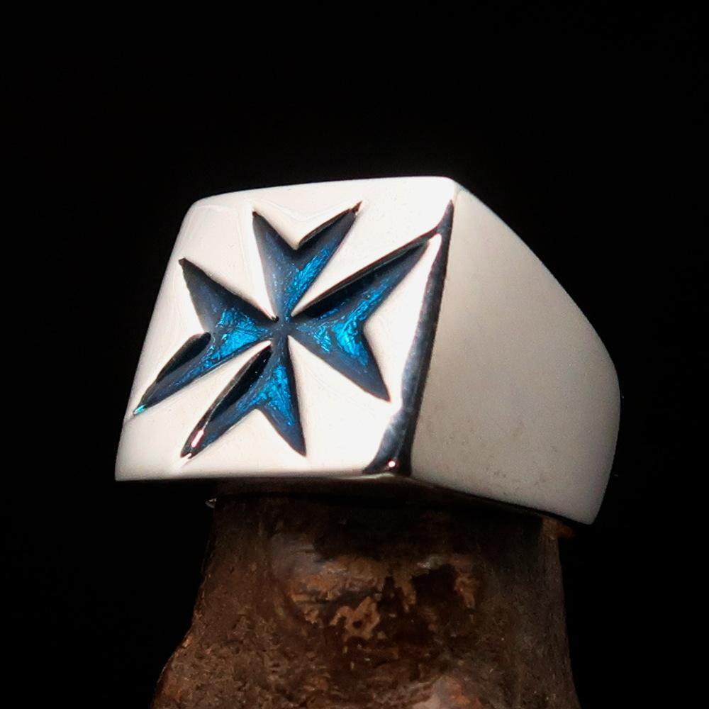 Nicely crafted Men's Knight Ring blue Maltese Cross - Sterling Silver - BikeRing4u