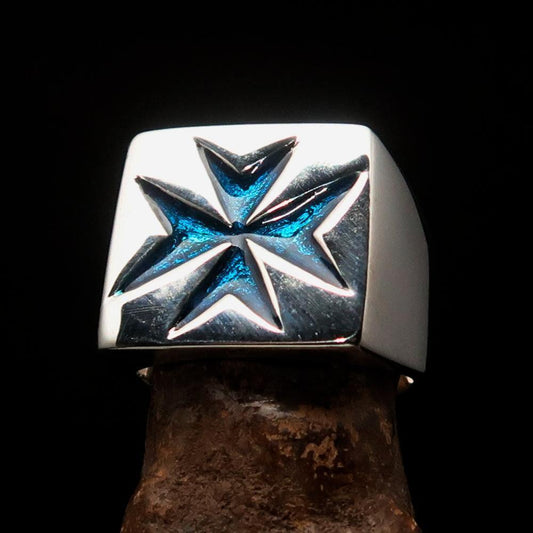 Nicely crafted Men's Knight Ring blue Maltese Cross - Sterling Silver - BikeRing4u