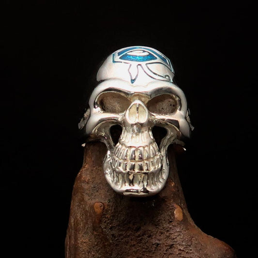 Excellent crafted Men's Skull Ring Blue Eye of Ra - Sterling Silver - BikeRing4u