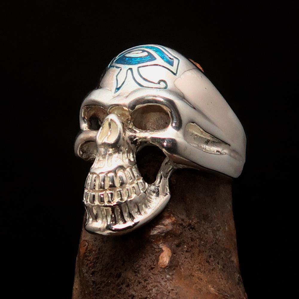 Excellent crafted Men's Skull Ring Blue Eye of Ra - Sterling Silver - BikeRing4u