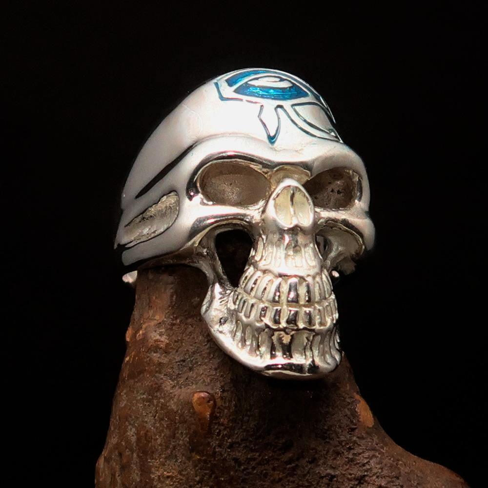 Excellent crafted Men's Skull Ring Blue Eye of Ra - Sterling Silver - BikeRing4u