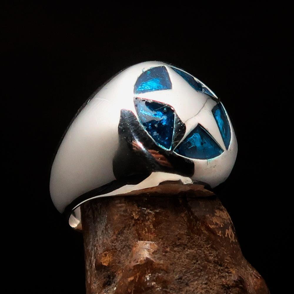 Excellent crafted Men's US Marshall Ring Blue Star - Sterling Silver - BikeRing4u