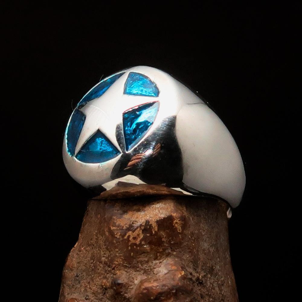 Excellent crafted Men's US Marshall Ring Blue Star - Sterling Silver - BikeRing4u