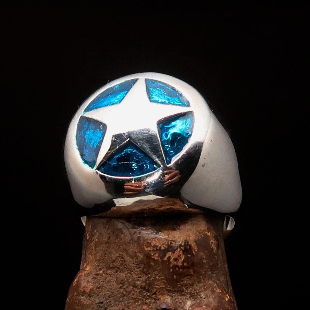 Excellent crafted Men's US Marshall Ring Blue Star - Sterling Silver - BikeRing4u