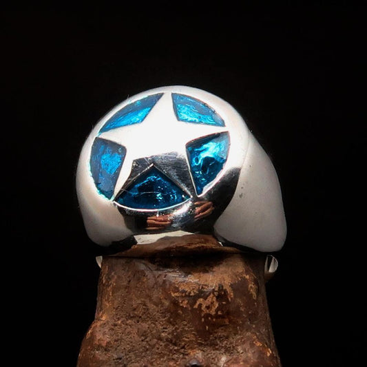 Excellent crafted Men's US Marshall Ring Blue Star - Sterling Silver - BikeRing4u