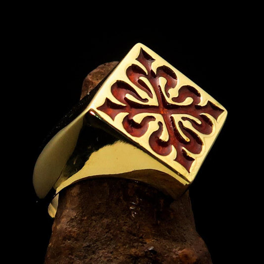 Excellent crafted Men's red Fleur de Lis Cross Ring - solid Brass - BikeRing4u