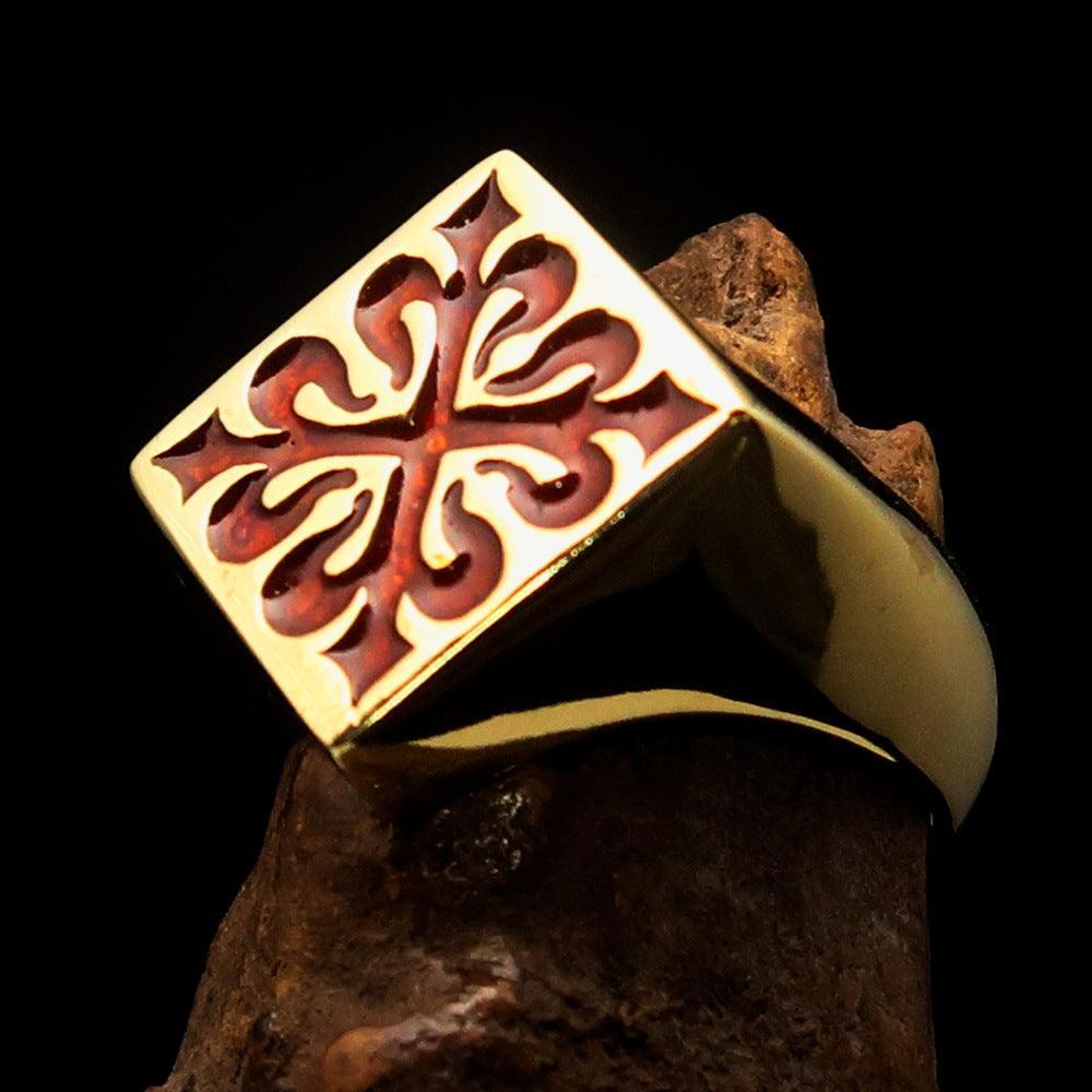 Excellent crafted Men's red Fleur de Lis Cross Ring - solid Brass - BikeRing4u