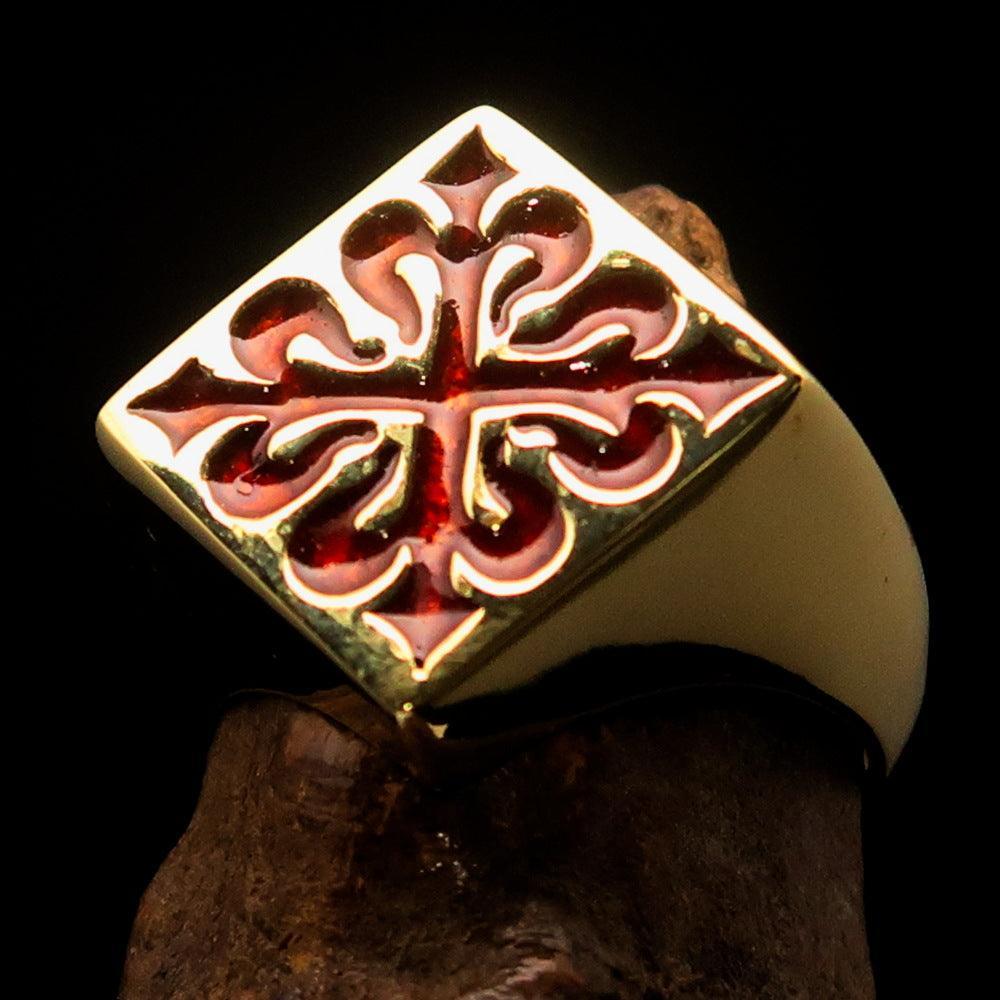Excellent crafted Men's red Fleur de Lis Cross Ring - solid Brass - BikeRing4u