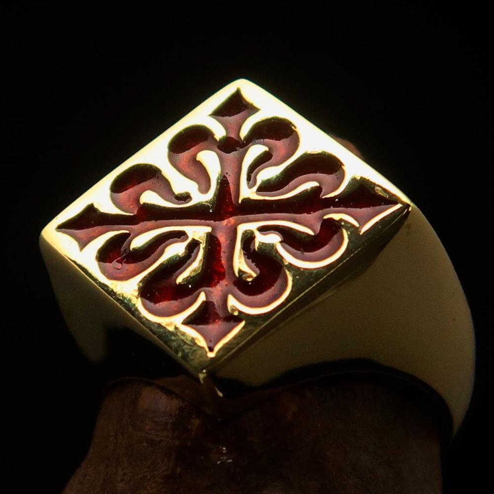 Excellent crafted Men's red Fleur de Lis Cross Ring - solid Brass - BikeRing4u