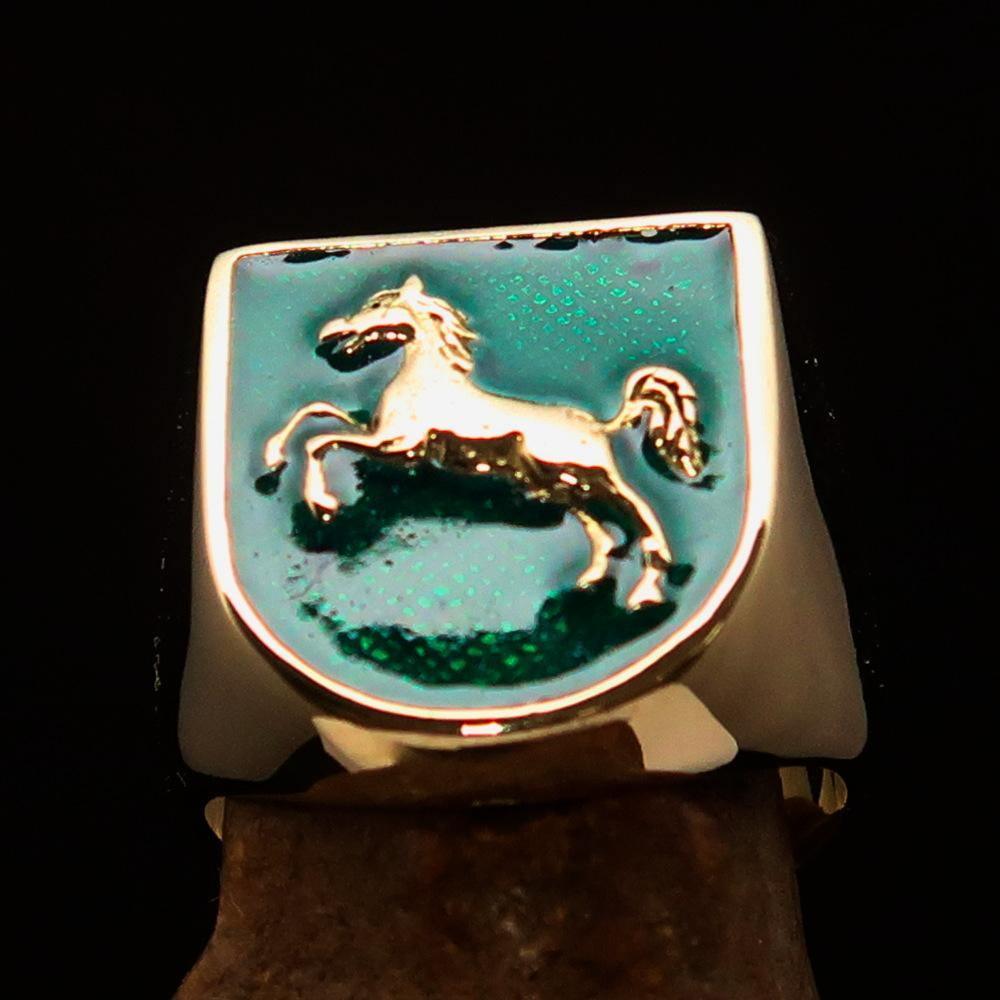 Perfectly crafted Men's Ring Horse Coat of Arms Green - Solid Brass - BikeRing4u