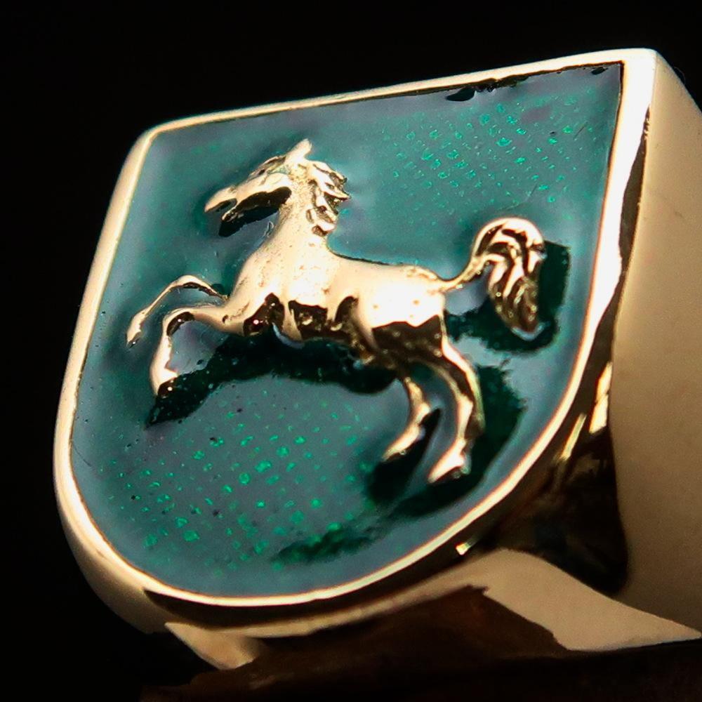 Perfectly crafted Men's Ring Horse Coat of Arms Green - Solid Brass - BikeRing4u