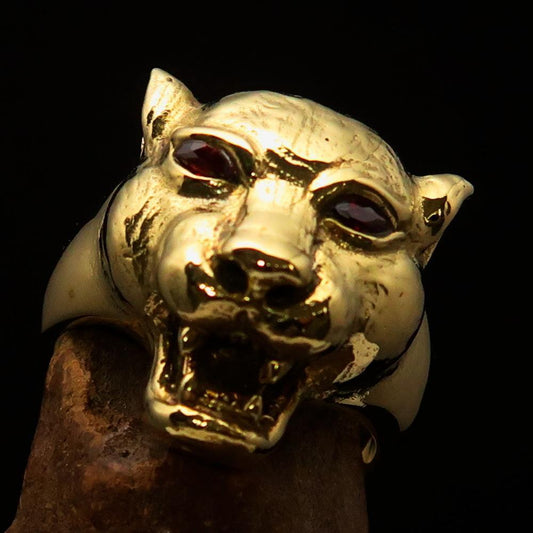 Excellent crafted Men's Brass Animal Ring Cougar red CZ Eyes - BikeRing4u