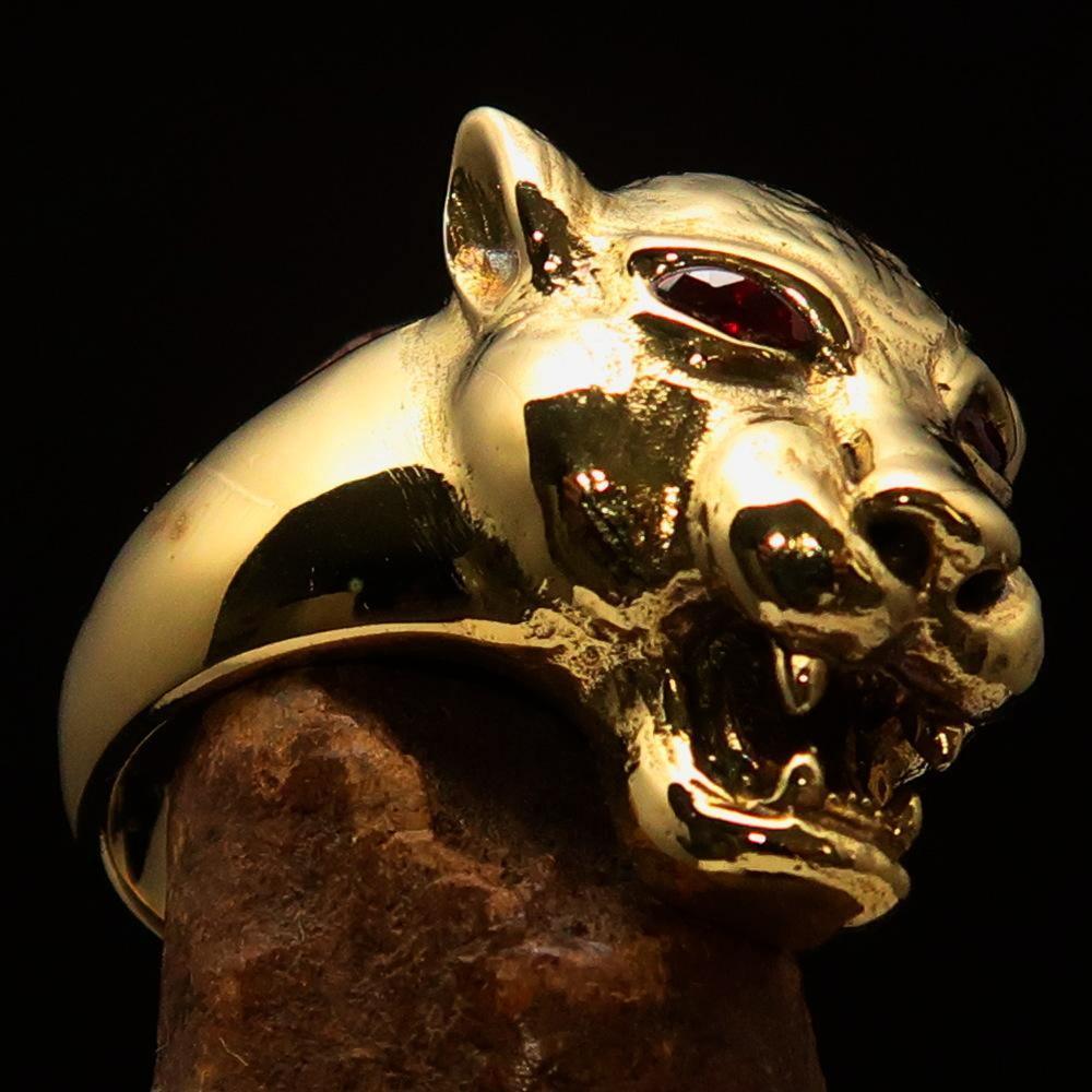 Excellent crafted Men's Brass Animal Ring Cougar red CZ Eyes - BikeRing4u
