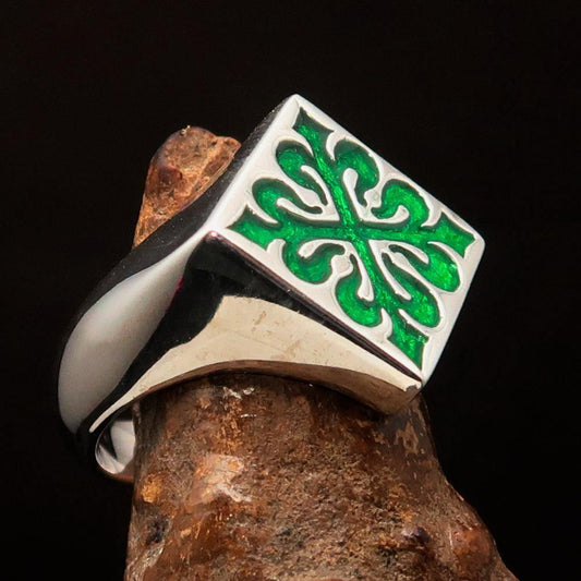 Excellent crafted Men's Green Fleur de Lis Cross Ring - Sterling Silver - BikeRing4u