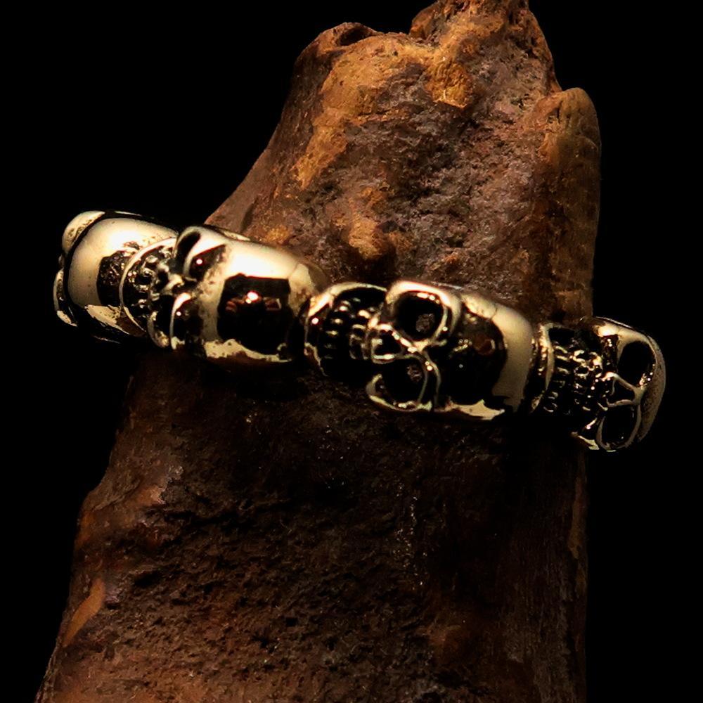 Excellent Mens Brass Biker Band Costume Ring 6 Skulls around the Finger - BikeRing4u
