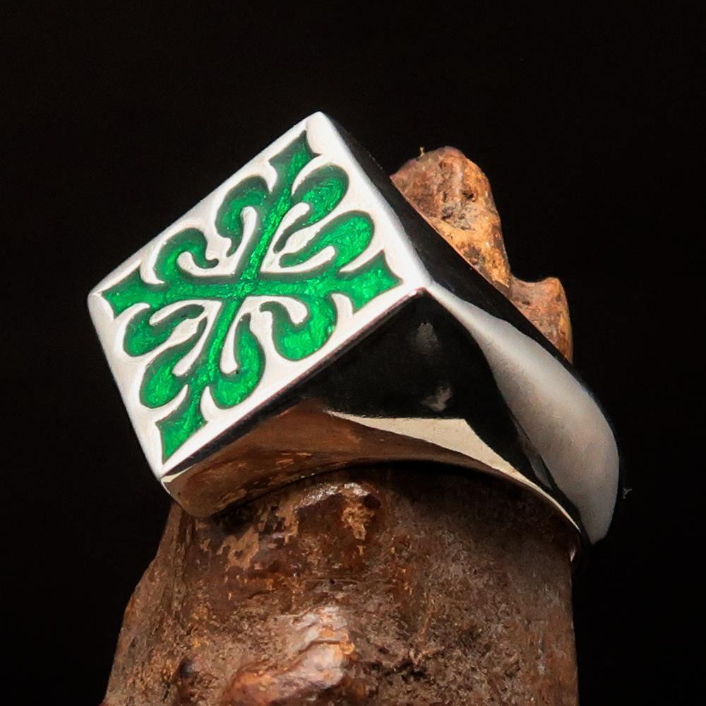 Excellent crafted Men's Green Fleur de Lis Cross Ring - Sterling Silver - BikeRing4u