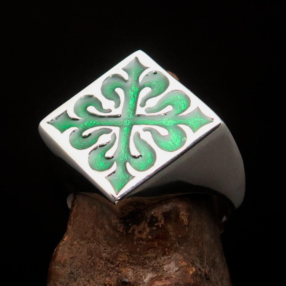 Excellent crafted Men's Green Fleur de Lis Cross Ring - Sterling Silver - BikeRing4u
