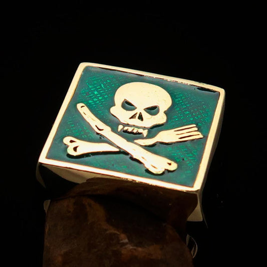 Perfectly crafted Men's Chef Skull Ring Crossed Fork Knife Green - Solid Brass - BikeRing4u