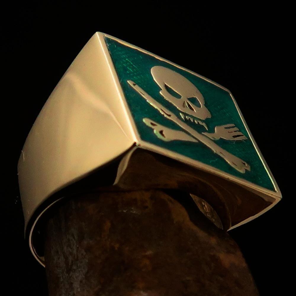 Perfectly crafted Men's Chef Skull Ring Crossed Fork Knife Green - Solid Brass - BikeRing4u