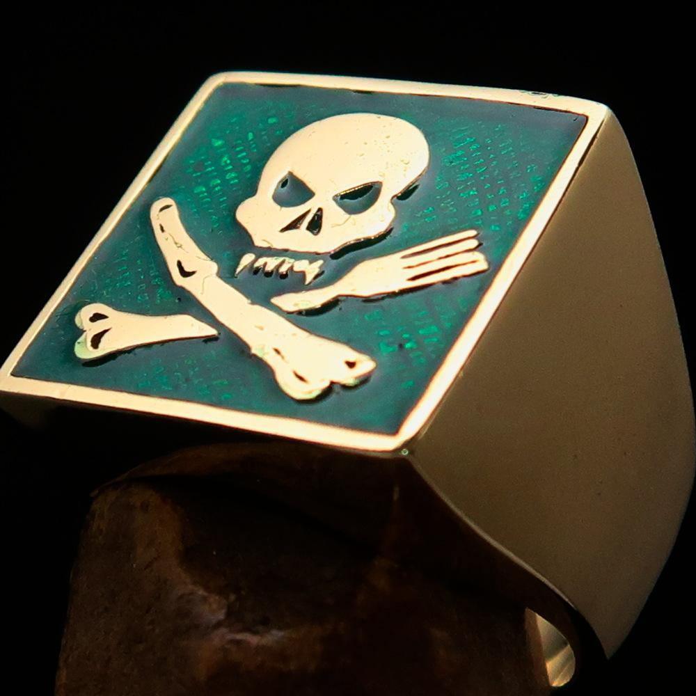 Perfectly crafted Men's Chef Skull Ring Crossed Fork Knife Green - Solid Brass - BikeRing4u
