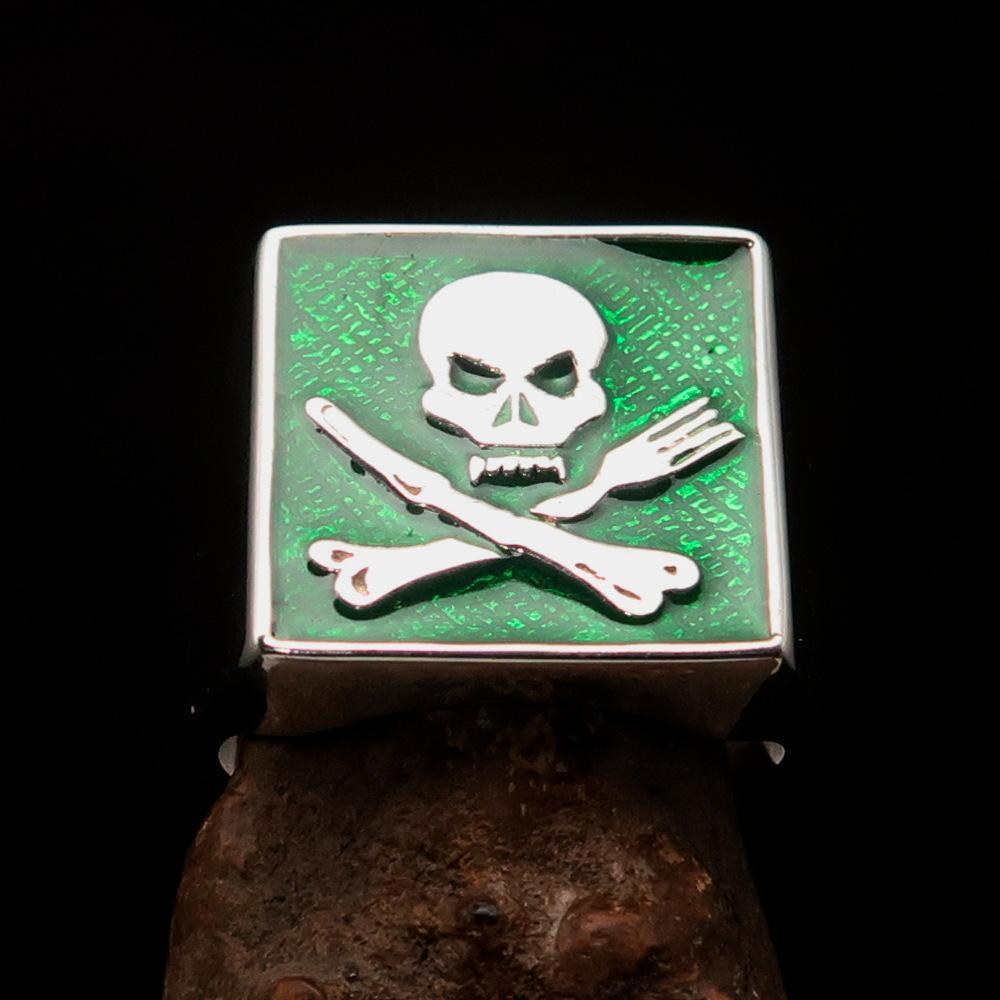 Perfectly crafted Men's Chef Skull Ring Crossed Fork Knife Green - Sterling Silver - BikeRing4u