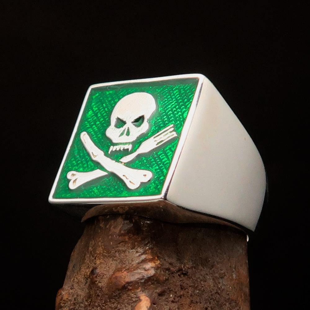 Perfectly crafted Men's Chef Skull Ring Crossed Fork Knife Green - Sterling Silver - BikeRing4u