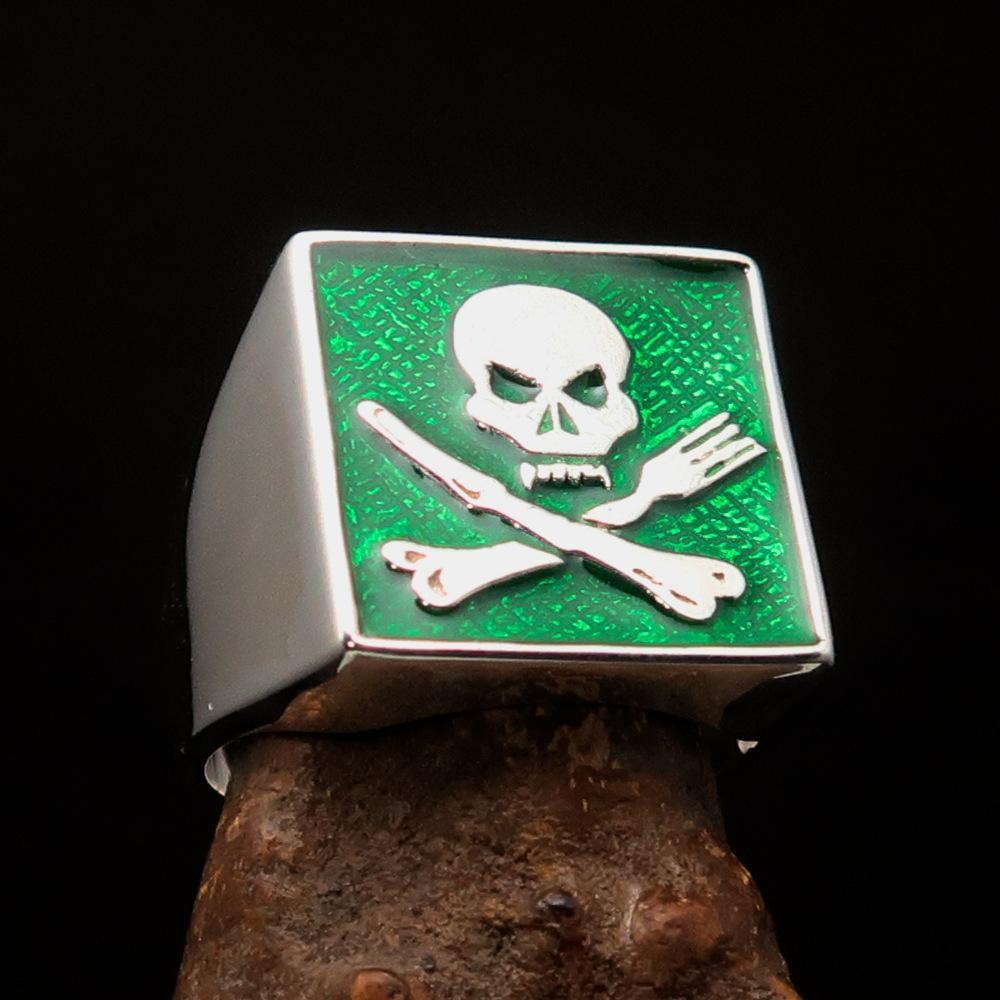 Perfectly crafted Men's Chef Skull Ring Crossed Fork Knife Green - Sterling Silver - BikeRing4u