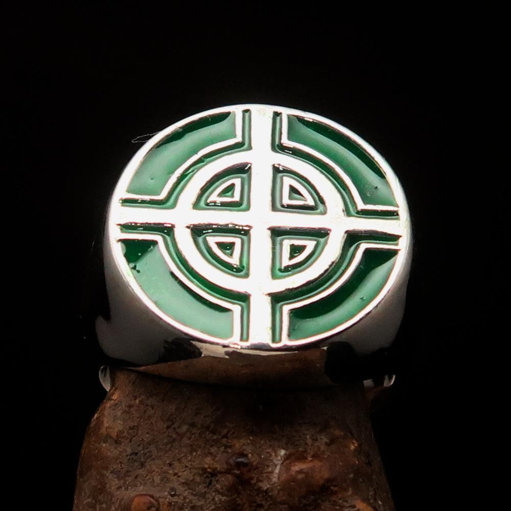 Perfectly crafted Men's Biker Ring Celtic Cross Green - Sterling Silver - BikeRing4u