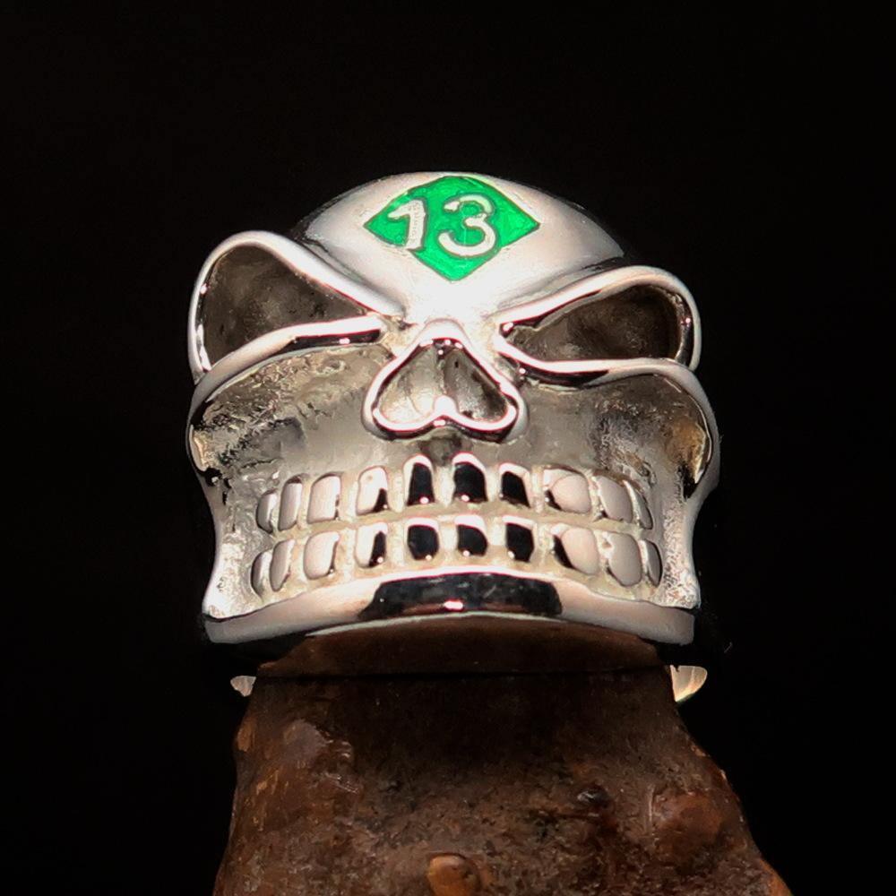 Excellent Crafted Men's green Number 13 Gnome Skull Ring - Sterling Silver - BikeRing4u