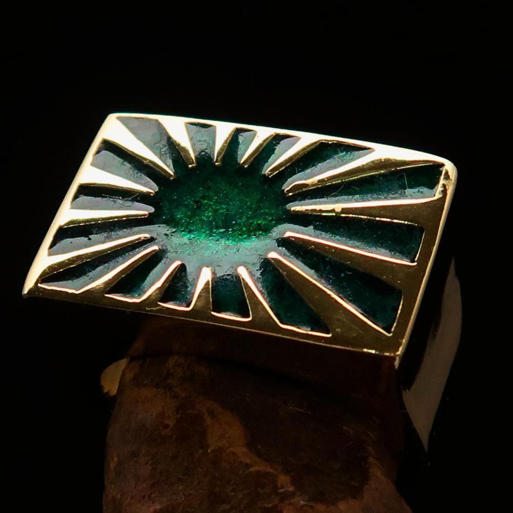 Perfectly crafted Men's Japanese War Flag Ring Green Raising Sun - Solid Brass - BikeRing4u